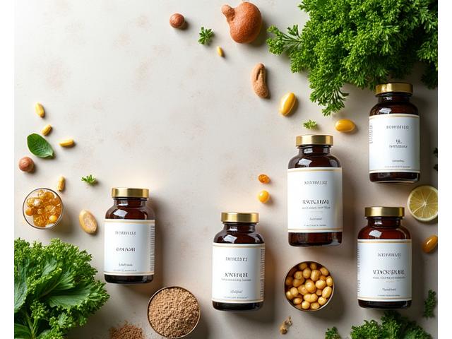 A diverse collection of high-quality dietary supplements and natural whole foods arranged thoughtfully, emphasizing personalized health.