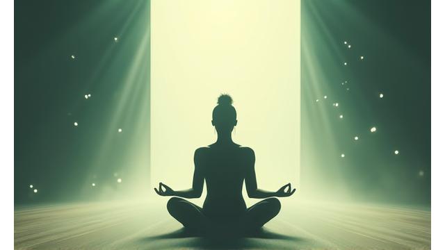 Image of a person meditating calmly under a soft light, surrounded by subtle, calming abstract visuals representing peace and resilience.