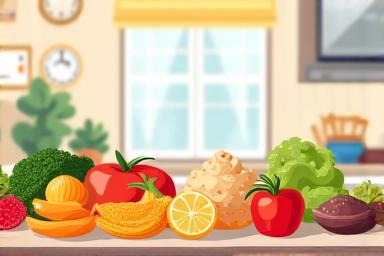Graphic showing a balanced meal with portion control in a modern kitchen setting